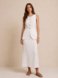 Sleeveless Button-Front Linen Vest Skirt Set