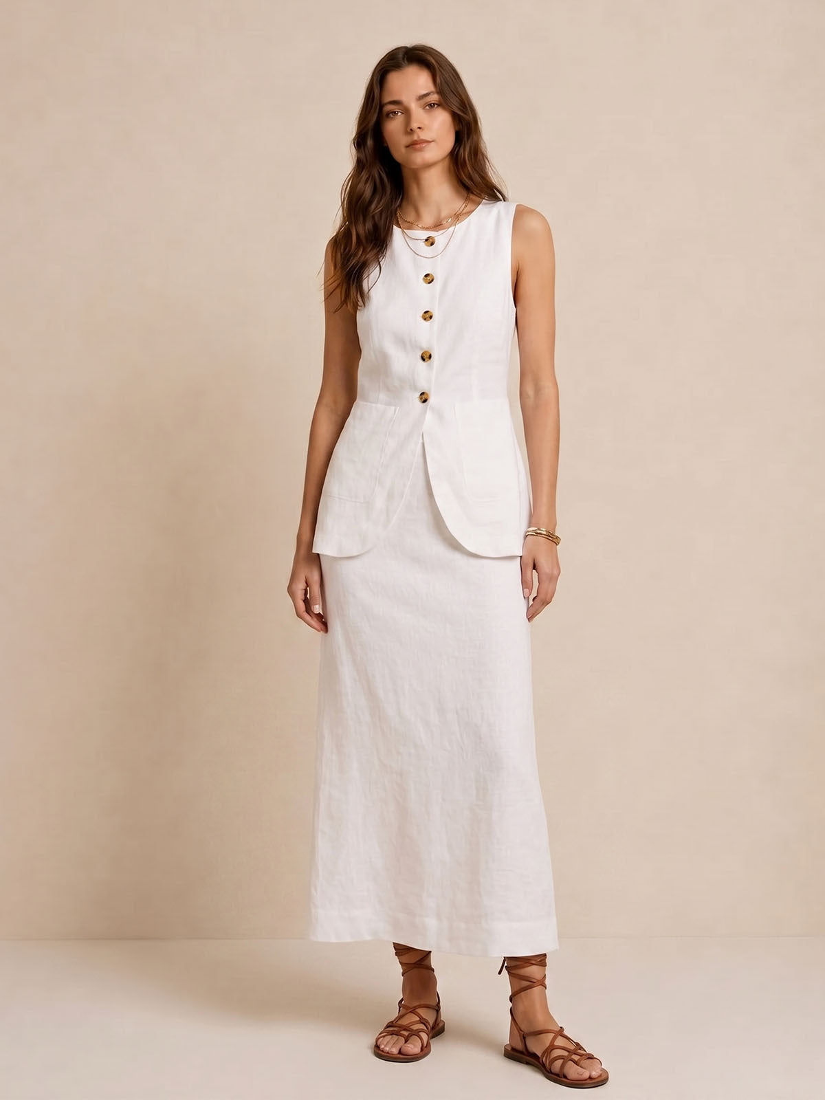 Sleeveless Button-Front Linen Vest Skirt Set