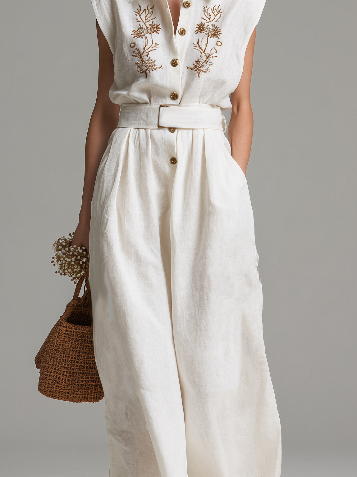 Linen Sleeveless Embroidered Maxi Dress with Belted Waist and Floral Detailing