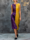 Linen Color-Block Sleeveless Midi Dress with Asymmetric Hem and Side Pockets