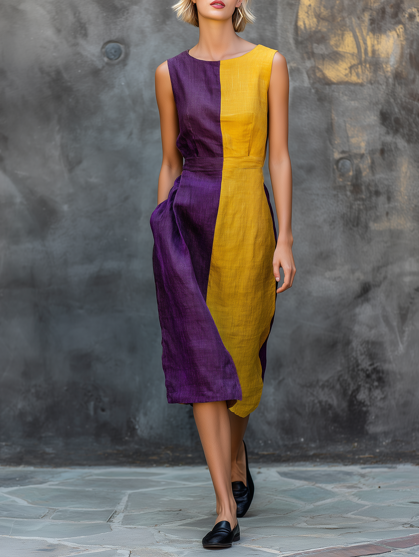 Linen Color-Block Sleeveless Midi Dress with Asymmetric Hem and Side Pockets