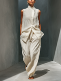 Linen Sleeveless Turtleneck Top with Draped Front and Striped Wide-Leg Pants Set