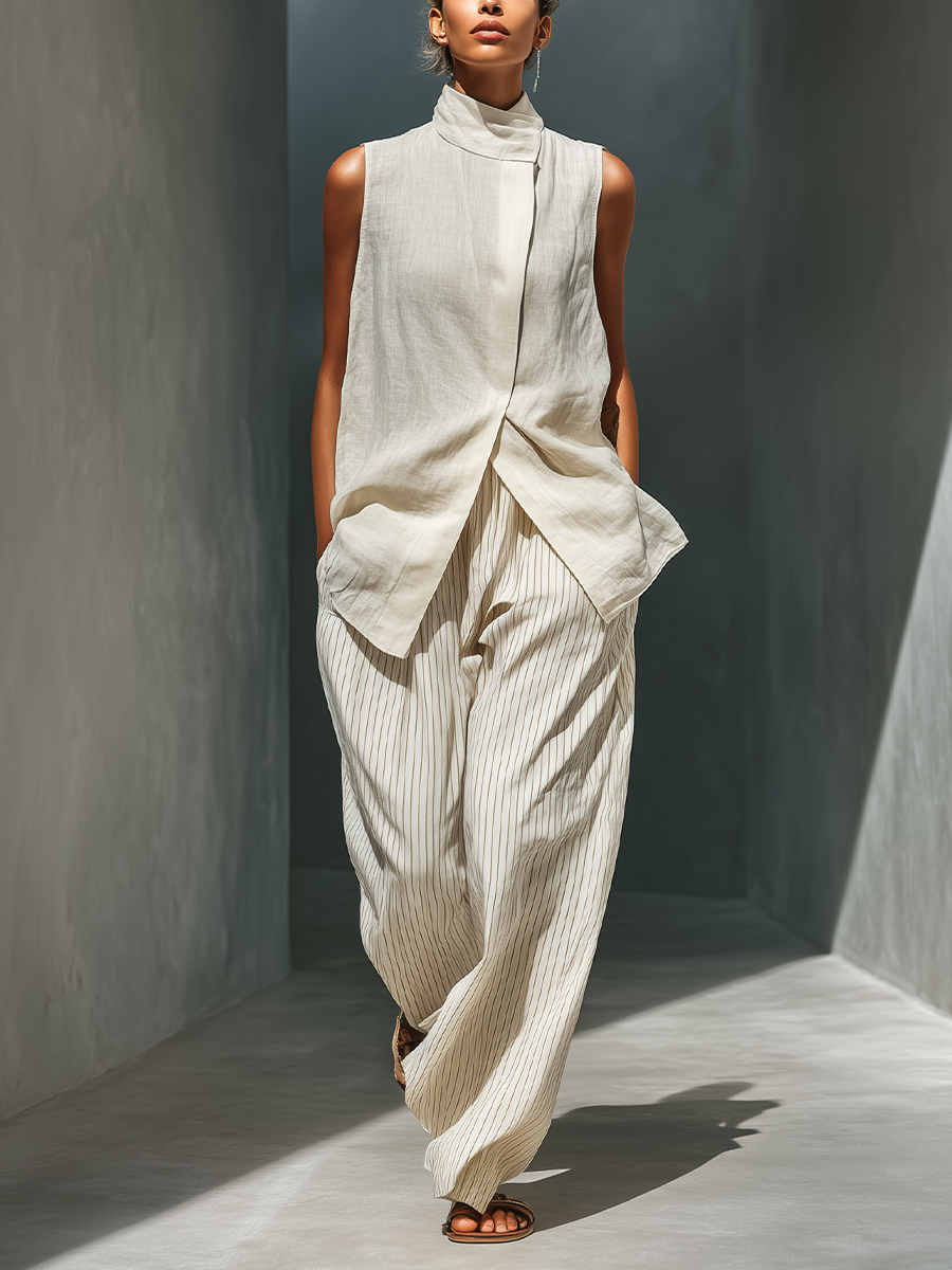 Linen Sleeveless Turtleneck Top with Draped Front and Striped Wide-Leg Pants Set