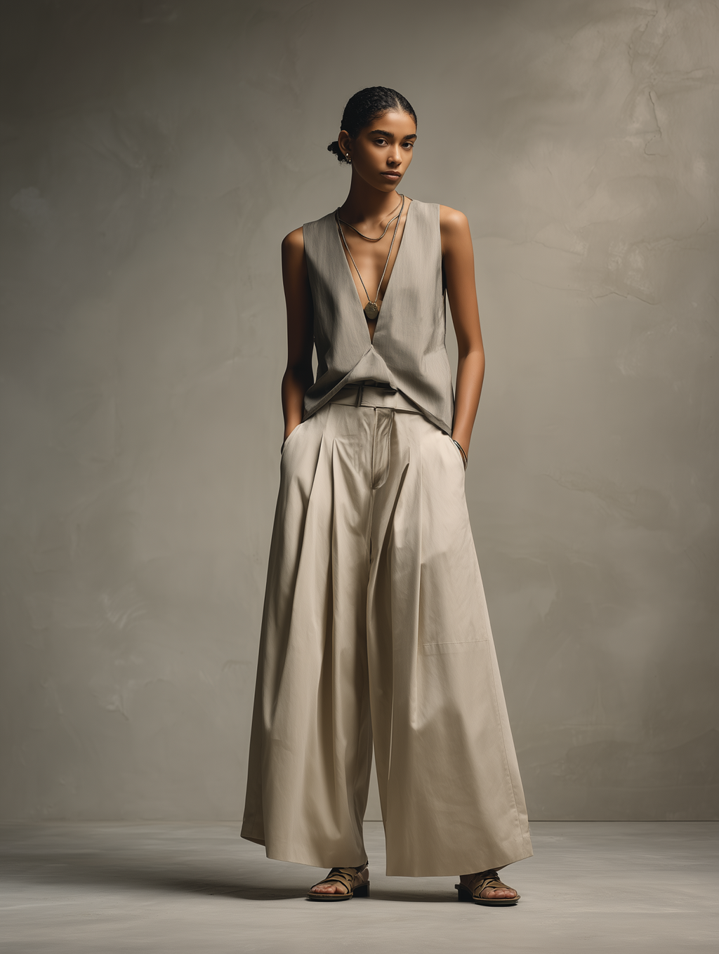 Cotton Linen Wide Leg Pants with Sleeveless V-Neck Top Set - Minimalist Modern Fashion for Women