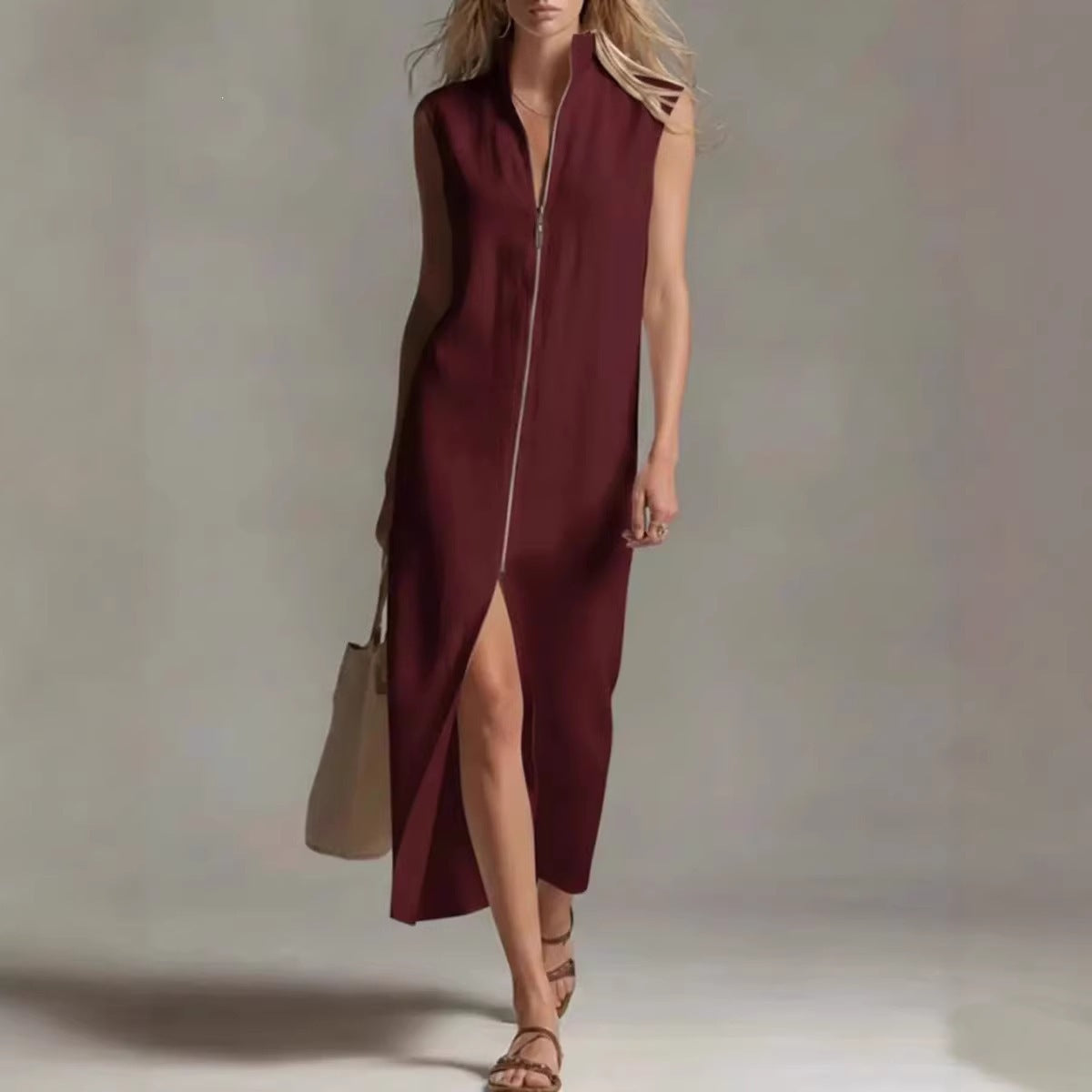 Stand Collar Zip Front Sleeveless Midi Dress