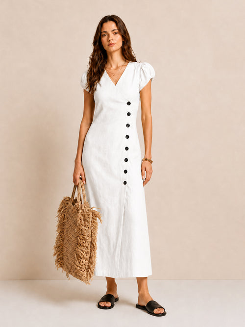 Asymmetric Button Puff Sleeve Dress