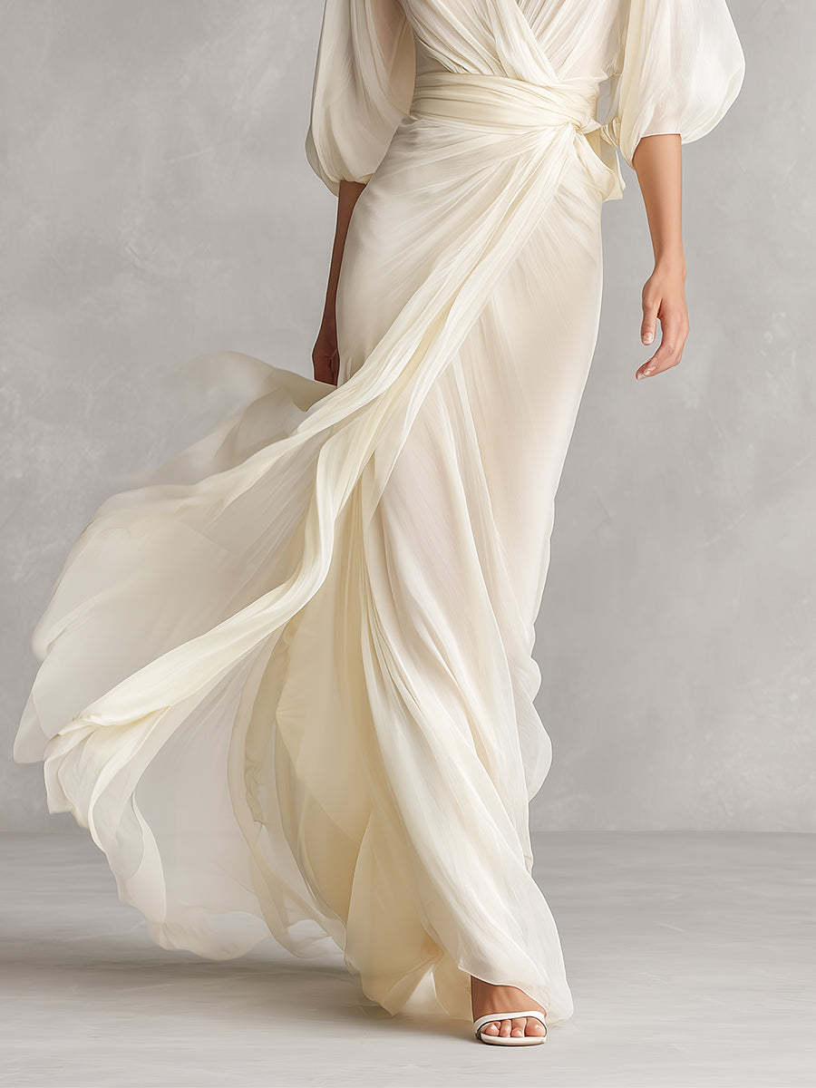 Chiffon Wrap Maxi Dress with V-Neck and Flowing Sleeves