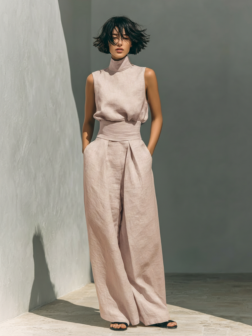 Linen Sleeveless High Neck Top with Wide Leg Pants Set for Women Modern Minimalist Outfit