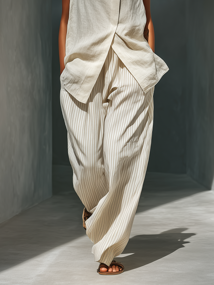 Linen Sleeveless Turtleneck Top with Draped Front and Striped Wide-Leg Pants Set