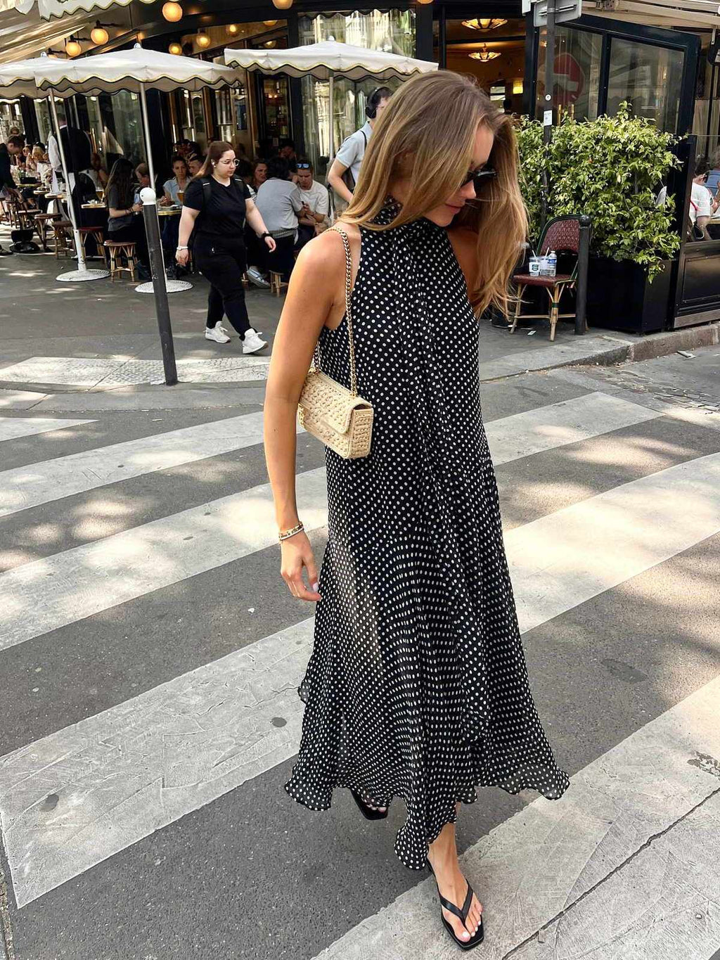 Polka Dot Chiffon Halter Neck Maxi Dress