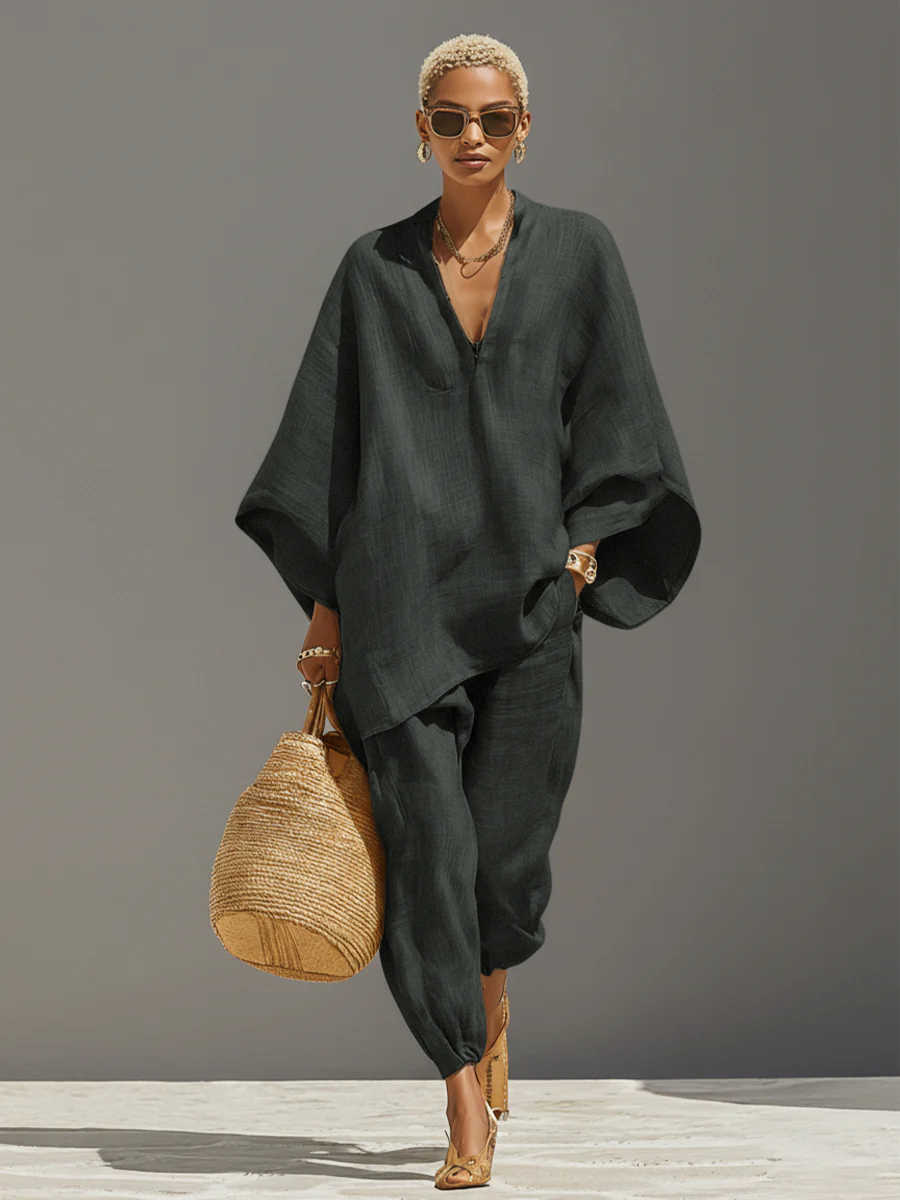 Linen Women's Boho Oversized V-Neck Tunic Top & Matching Pants Set
