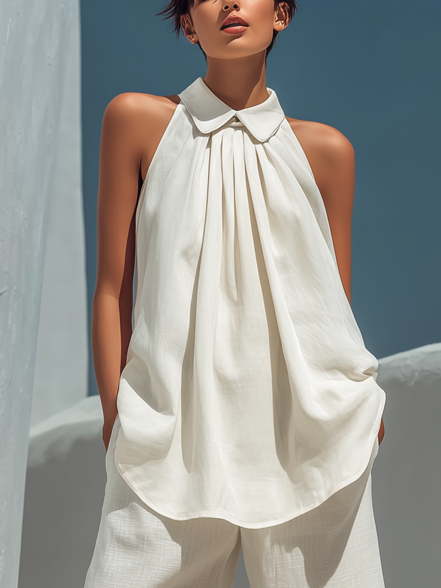 Linen Sleeveless Collared Top & Wide Leg Pants Set - Flowy Summer Outfit for Women