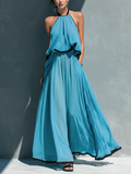 Chiffon Halter Maxi Dress with Black Trim - Flowy Long Beach Party Gown for Women