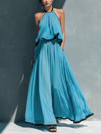 Vestido largo de gasa con escote halter y ribete negro - Vestido largo y fluido para fiestas en la playa para mujer