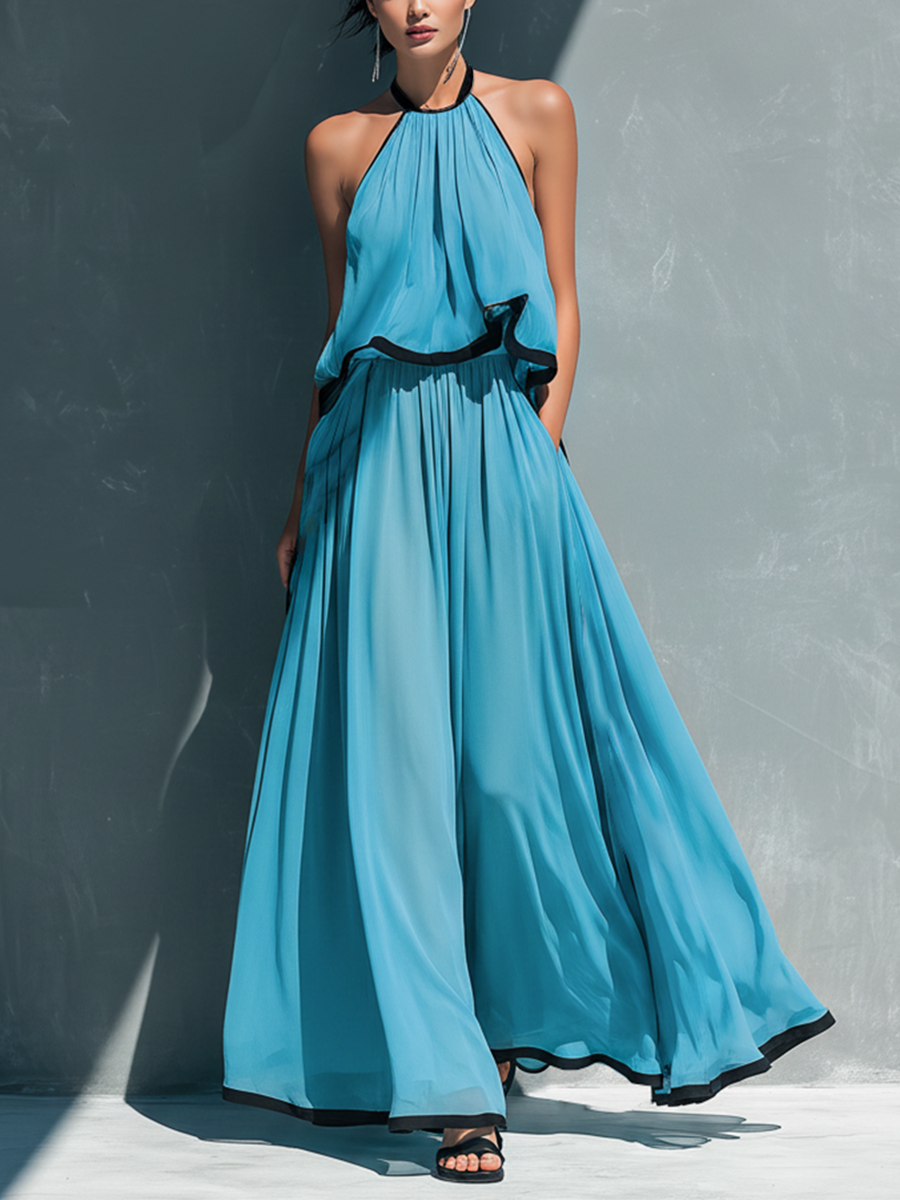 Chiffon Halter Maxi Dress with Black Trim - Flowy Long Beach Party Gown for Women