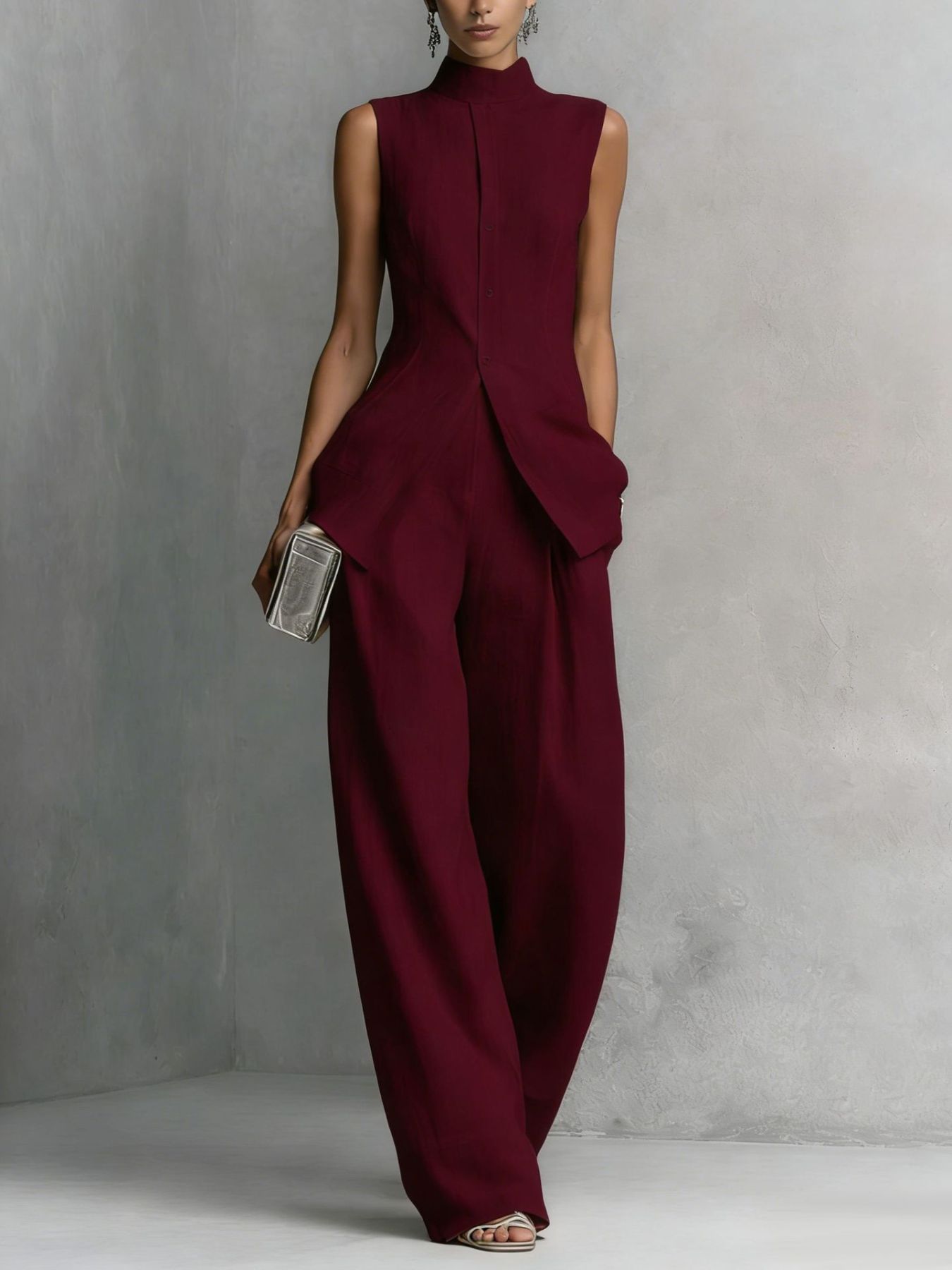 High-Neck Sleeveless Vest & Wide-Leg Pants Set