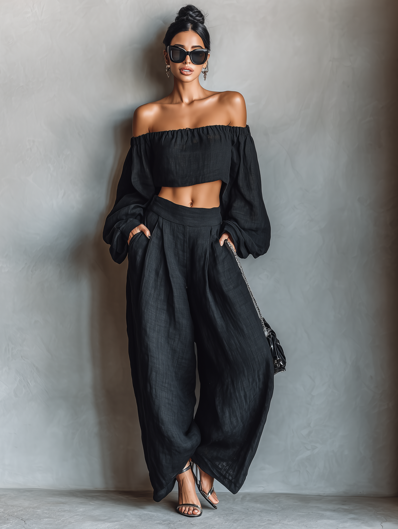 Linen Off-Shoulder Crop Top and Wide Leg Pants Set - Boho Chic Loose Fit Women's Summer Outfit