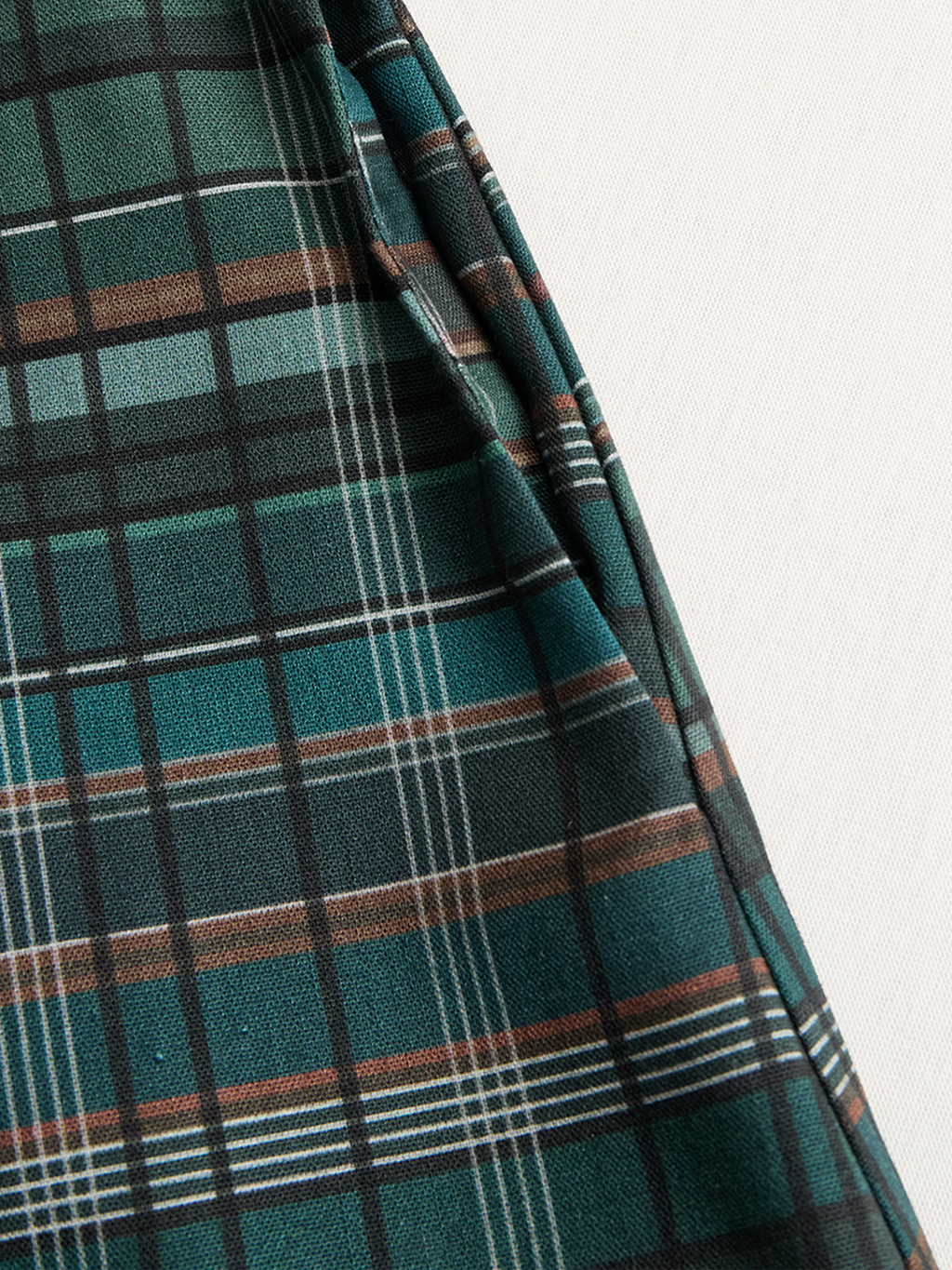 Cotton Plaid Long Shirt Dress with Button-Down Front and Deep V-Neckline