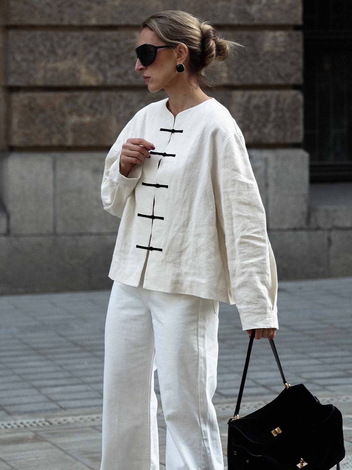 Linen Mandarin Collar Knot Button Jacket