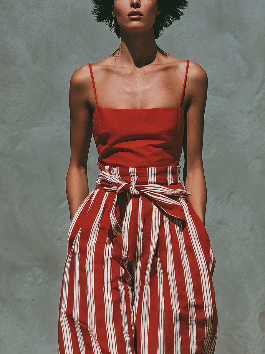 Cotton Linen Red Striped Wide Leg Pants with Tie Waist High Waisted Palazzo Trousers for Women Summer Boho Fashion