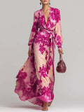 Romantic Rose-red Floral V-neck Long Dress With Tie Waist