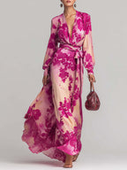 Romantisches rosenrotes geblümtes langes V-Ausschnitt-Kleid mit Bindeband an der Taille