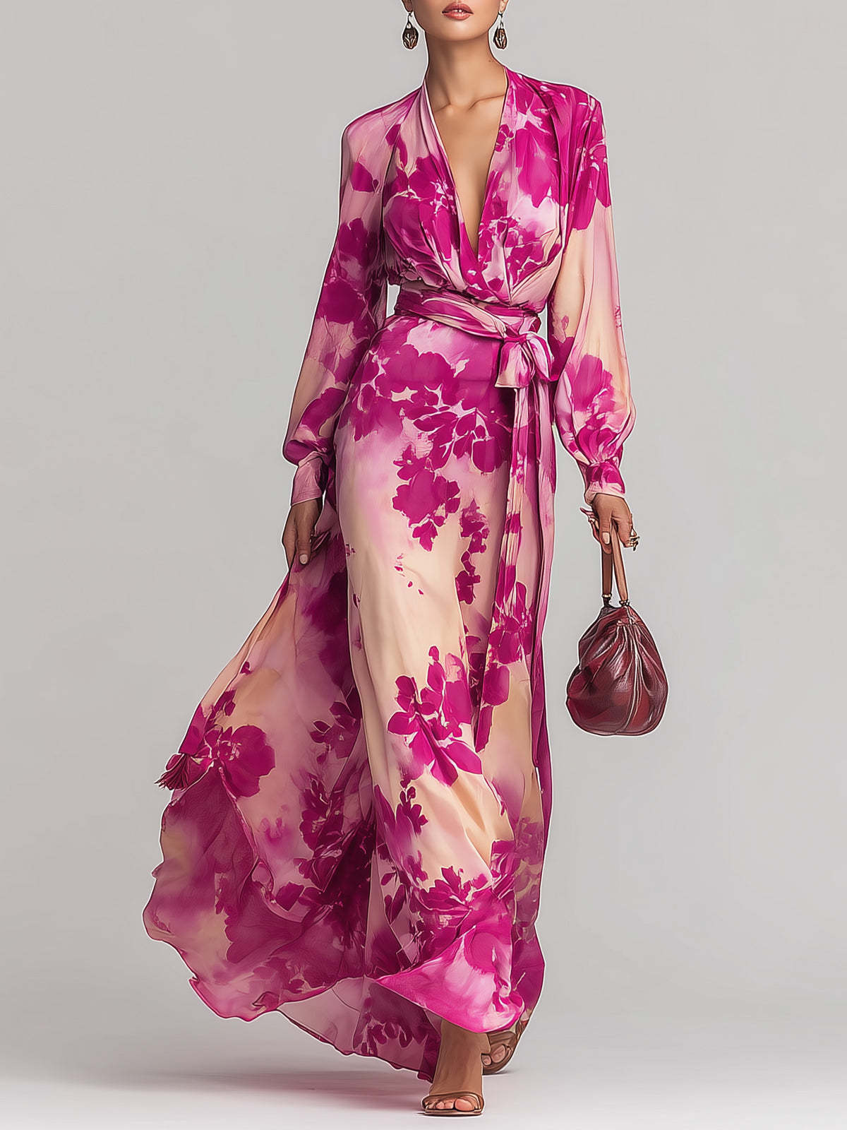Romantic Rose-red Floral V-neck Long Dress With Tie Waist