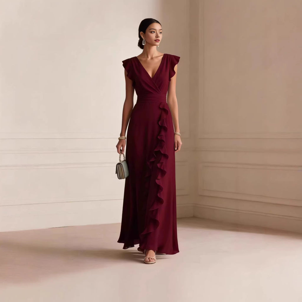 Silk V-Neck Ruffle Wrap Maxi Dress