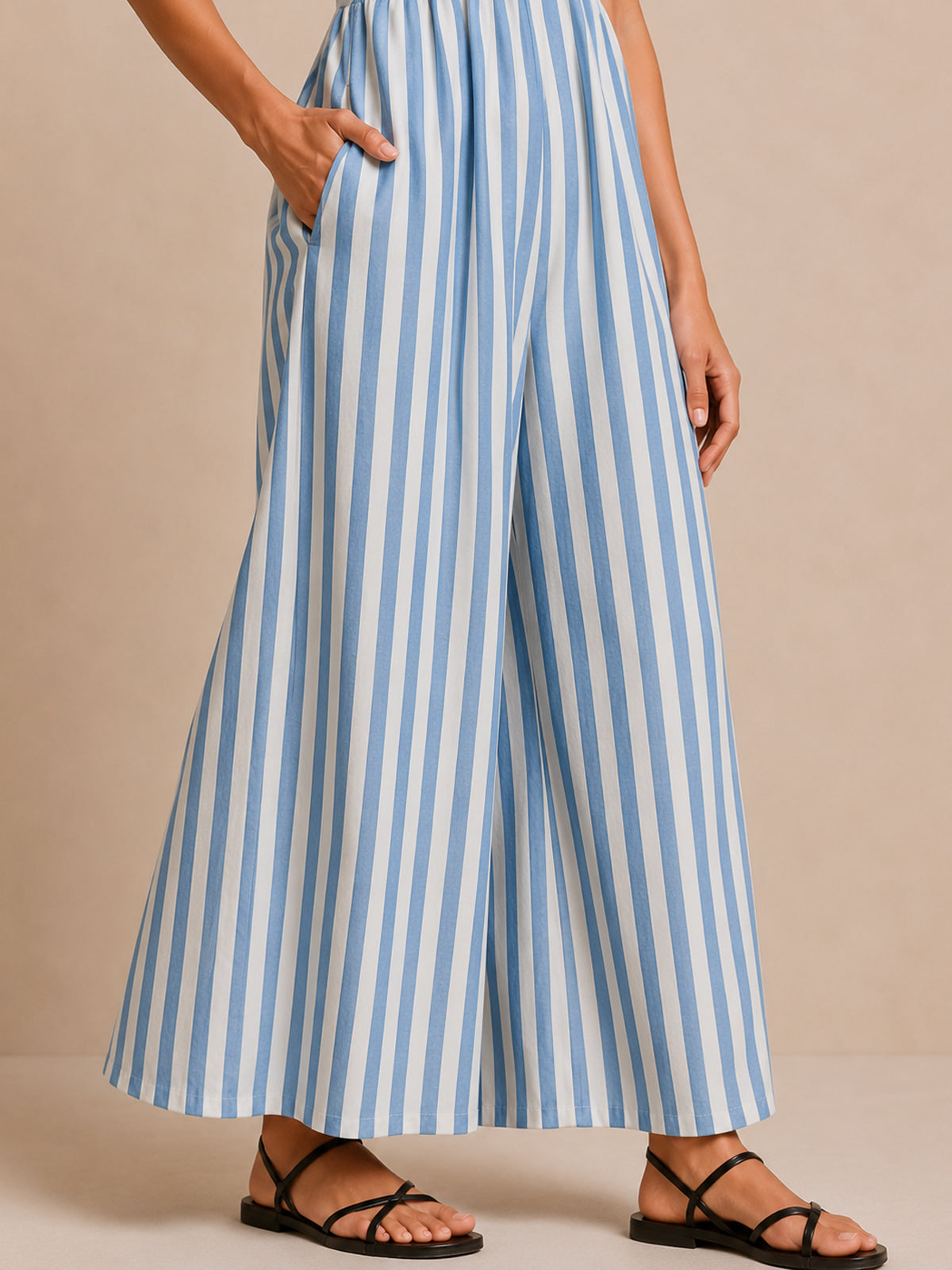 Deep-V Halter Striped Wide Jumpsuit