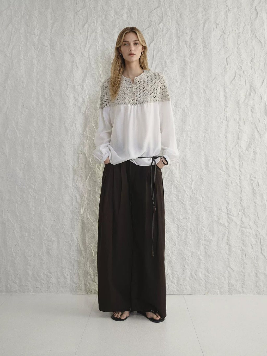 Crochet-Yoke Long-Sleeve Blouse