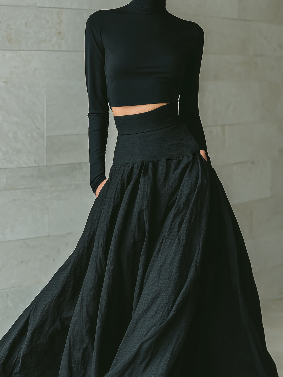 Black Cotton Blend High Waist Pleated Maxi Skirt with Crop Top Set