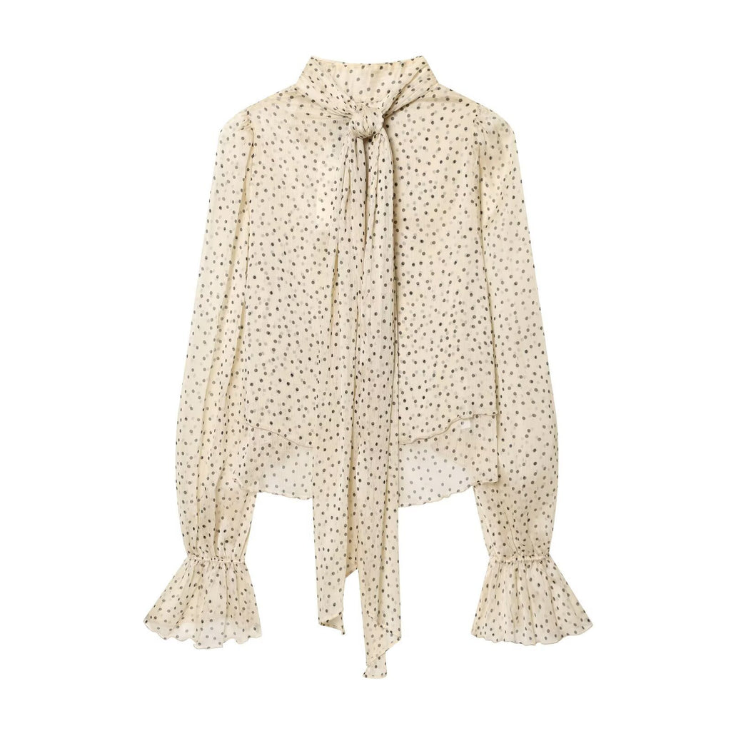 Polka Dot Tie-Neck Ruffle-Cuff Blouse