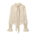 Polka Dot Tie-Neck Ruffle-Cuff Blouse