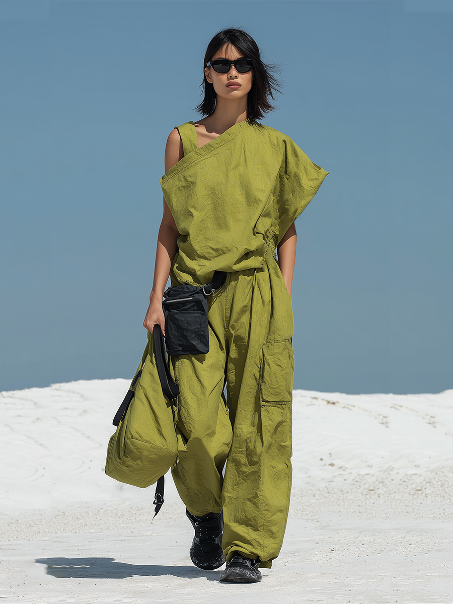 Cotton Linen Asymmetrical Sleeveless Jumpsuit with Cargo Pockets and Drawstring Waist