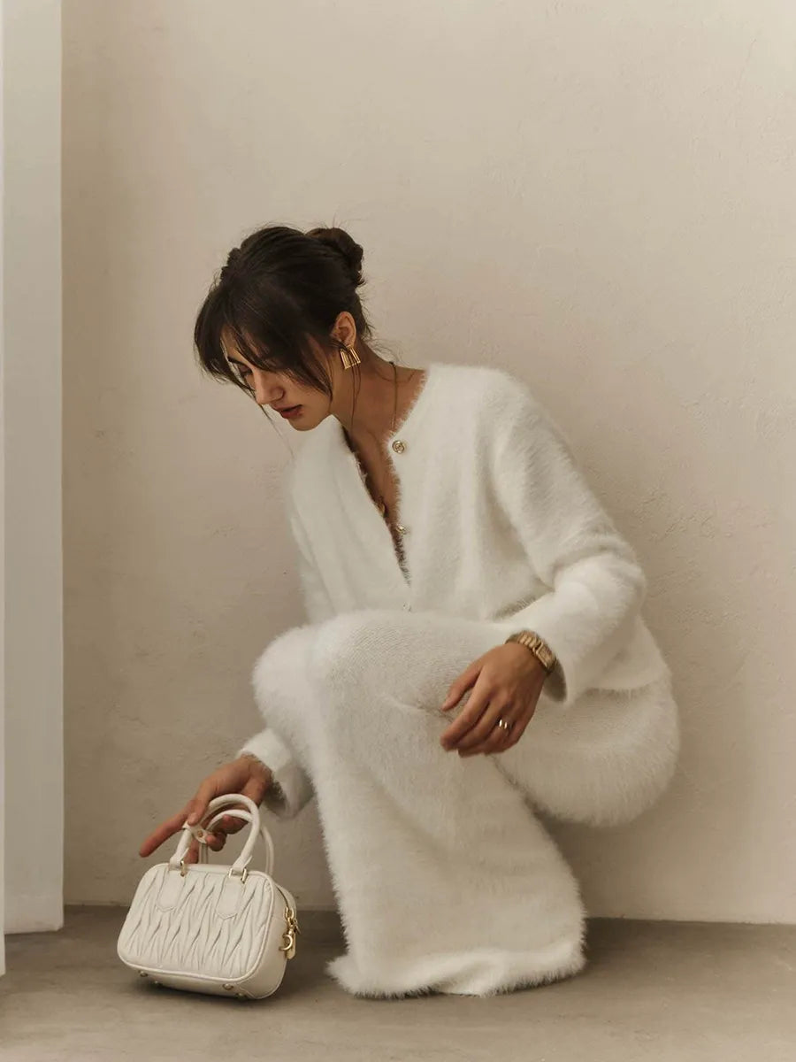 Fuzzy Button Cardigan & Maxi Skirt Set