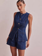 Denim Waist Cinch Shorts Set