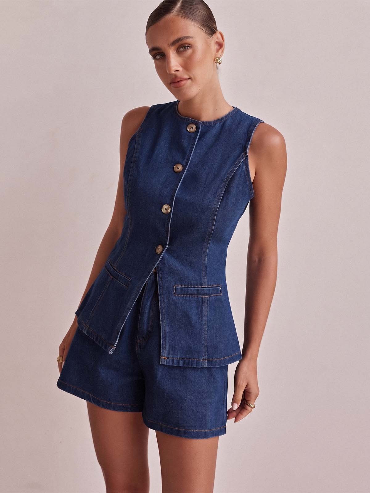 Denim Waist Cinch Shorts Set