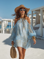 Romantisches, langärmeliges, schulterfreies Mini-Chiffonkleid mit Leopardenmuster in Blau