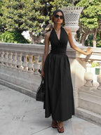 Ruched Halter-Neck Full-Skirt Maxi Dress