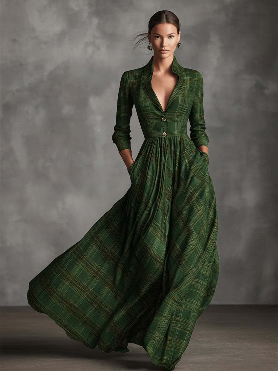 Plaid Wool-Blend Maxi Dress with Button Front and Flared Skirt