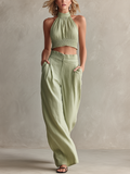 Linen Halter Crop Top & Wide Leg Pants Set - Lightweight Summer Outfit for Women