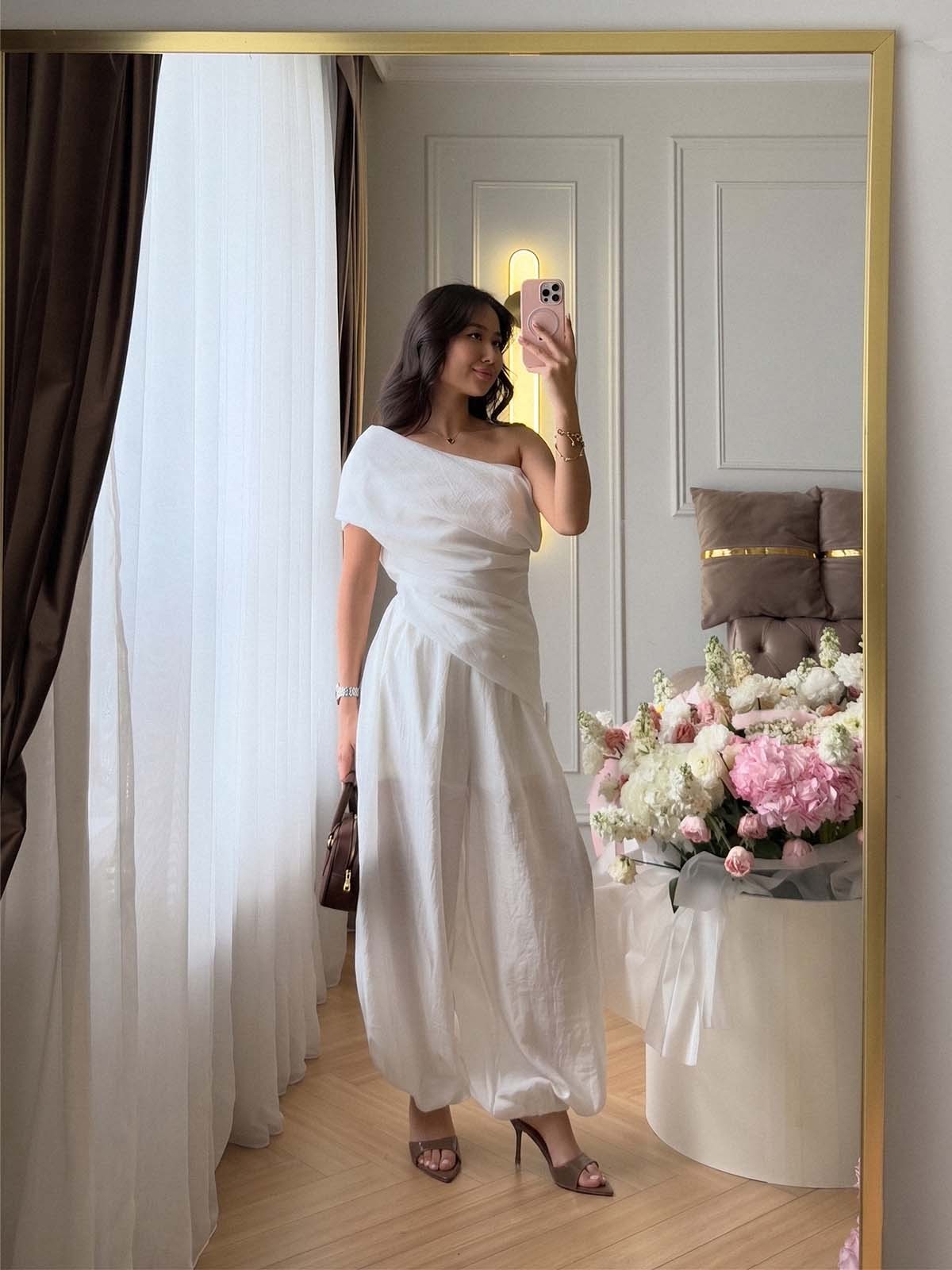 Off Shoulder Crinkled Linen Blend Top