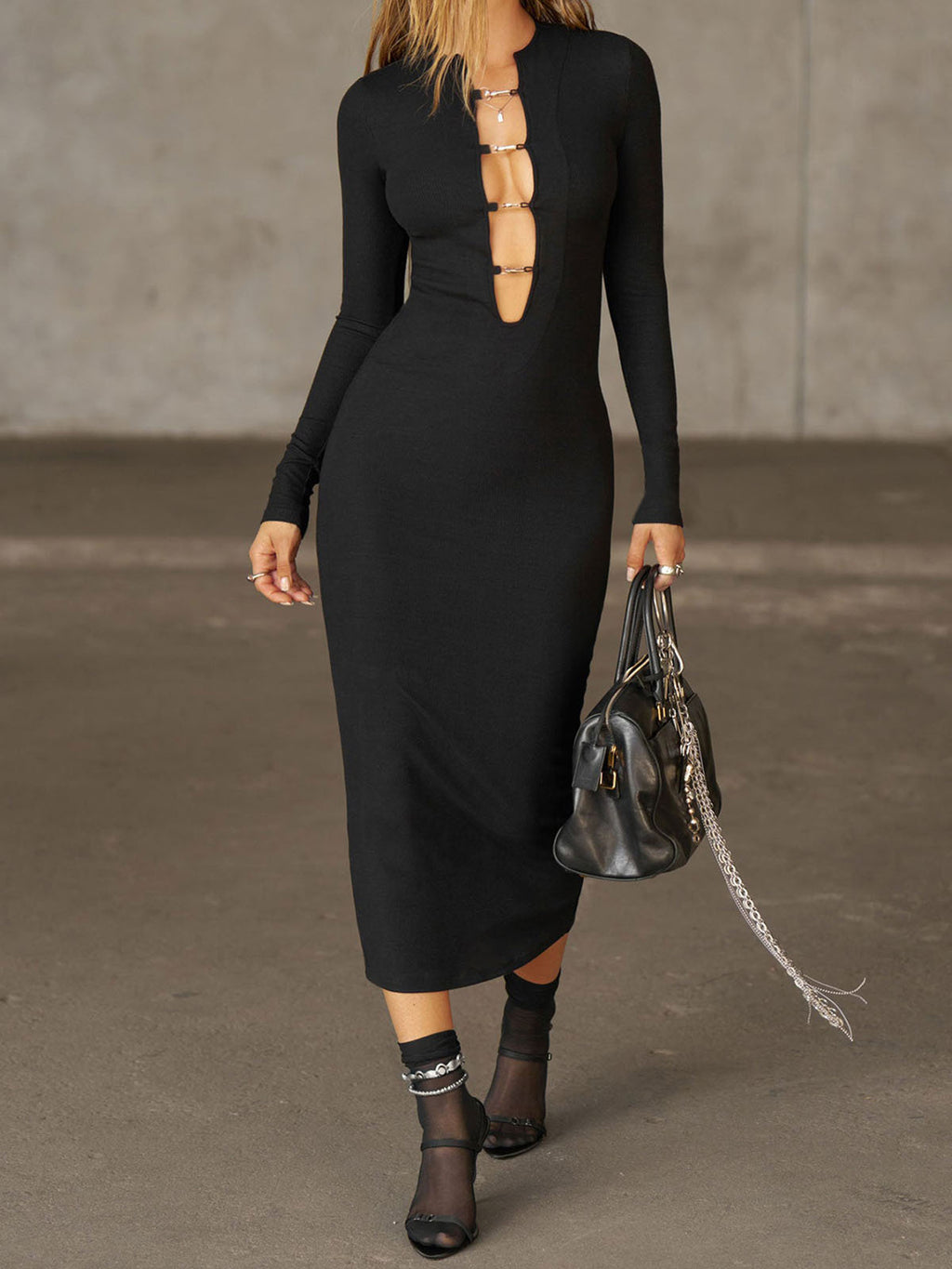 Ribbed Knit Chain Detail Midi Dress