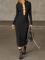 Ribbed Knit Chain Detail Midi Dress