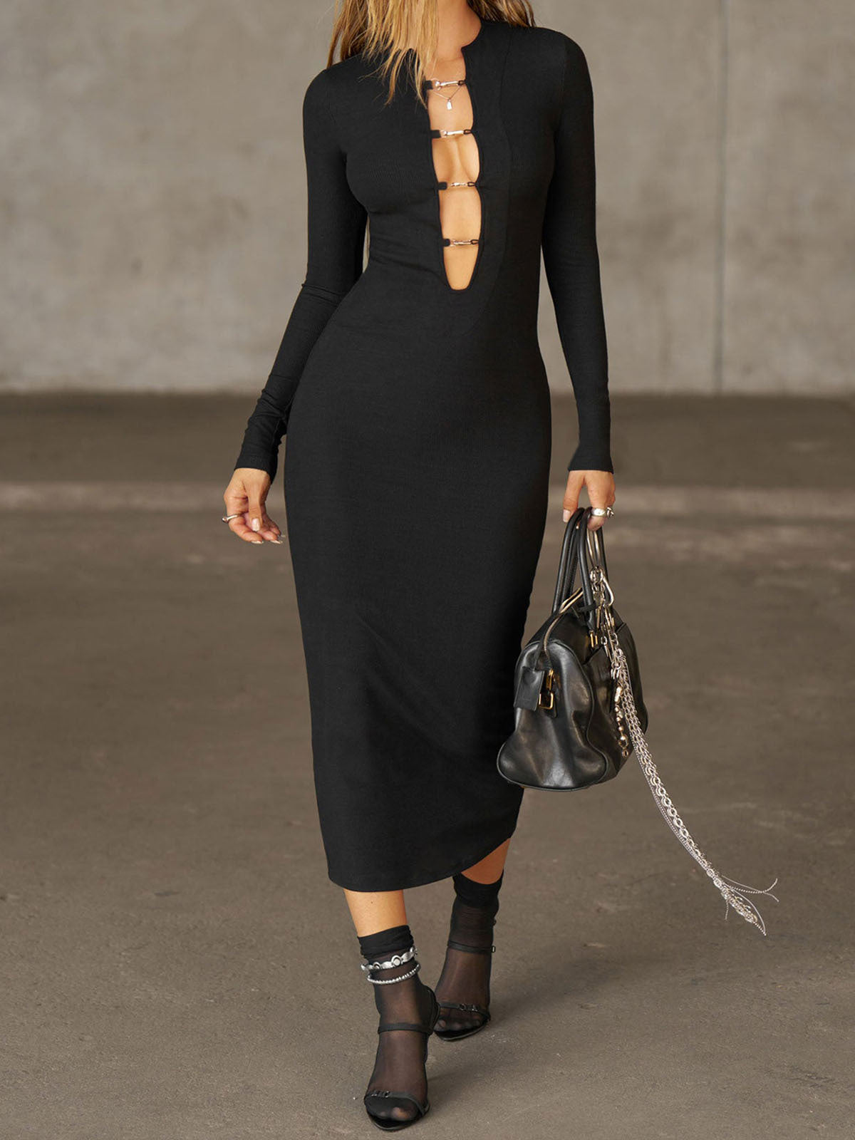 Ribbed Knit Chain Detail Midi Dress