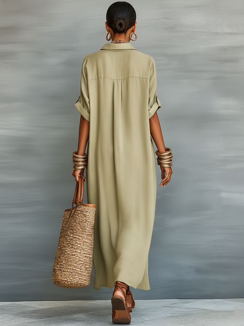 Leinen-Langhemdkleid für Damen – Fließendes Maxikleid mit Knopfleiste und Krempelärmeln
