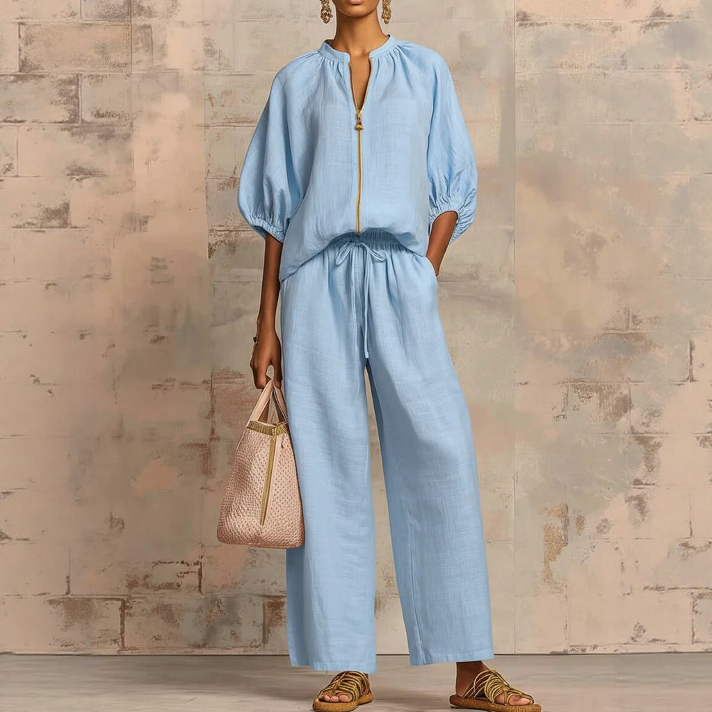 Linen Zip Up Blouse & Wide Leg Pants Two-Piece Set