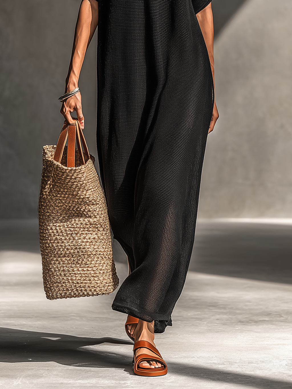 Knitted Cotton Maxi Dress with Loose Fit and Short Sleeve for Women