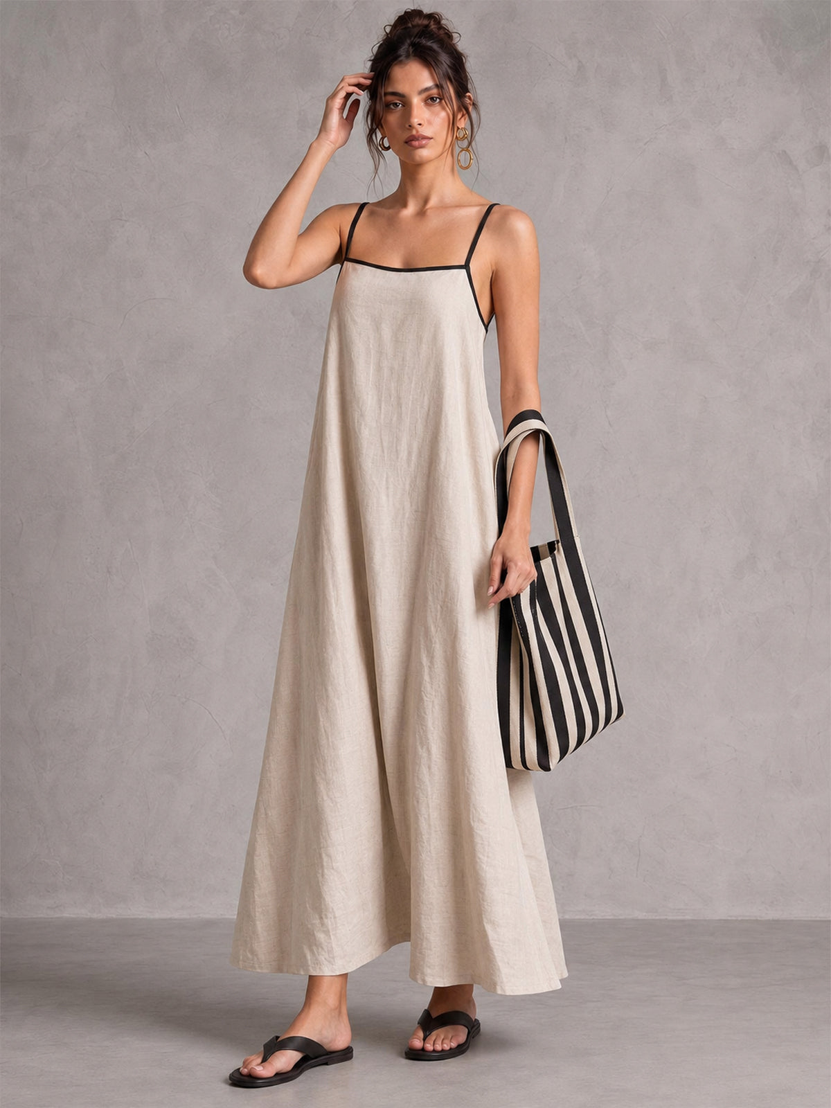 Linen-Blend Maxi Dress with Adjustable Spaghetti Straps