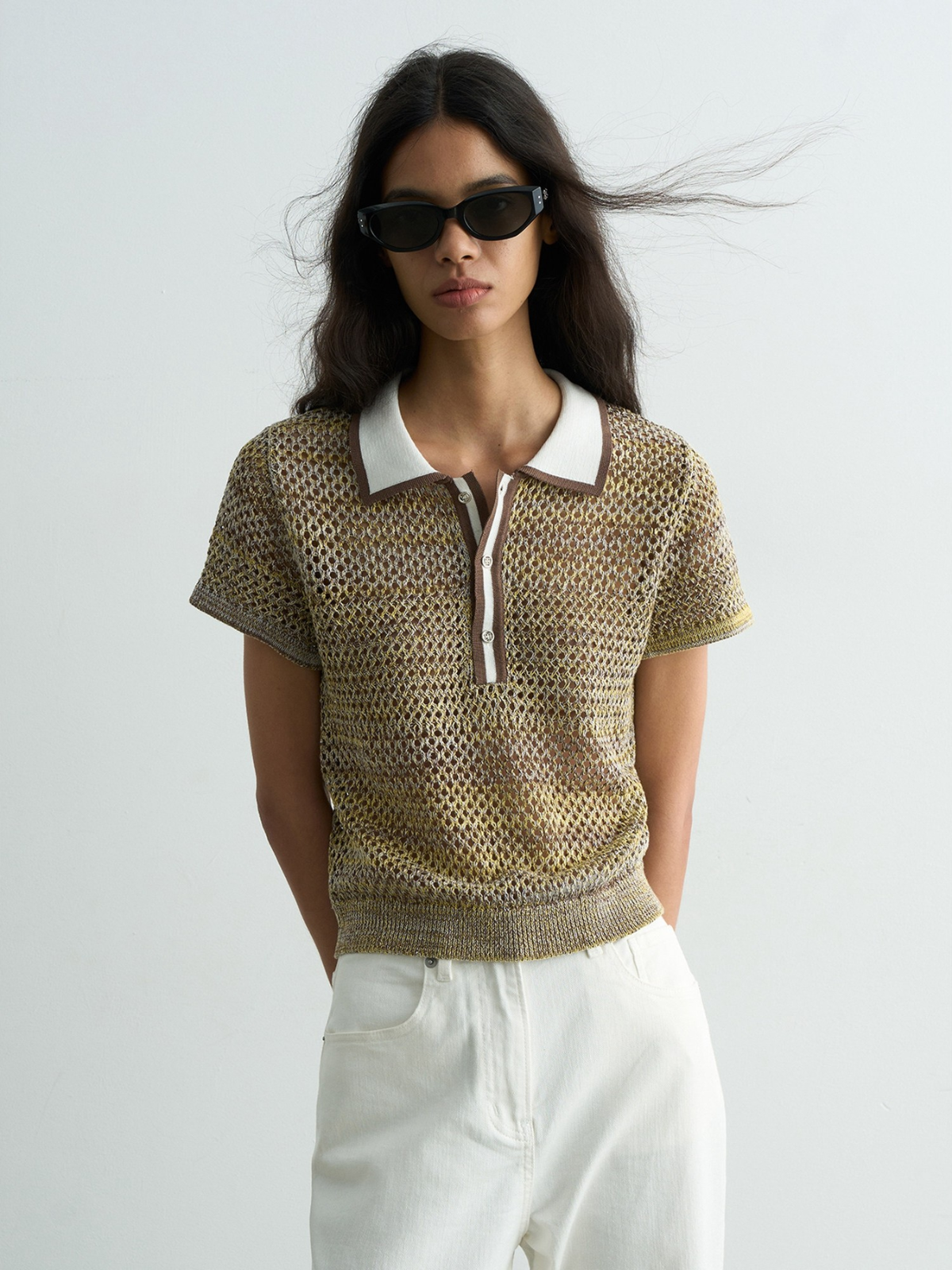 Contrast-Collar Pointelle Knit Polo